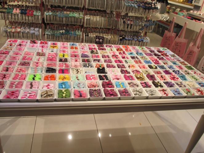 This was the first thing I saw when I walked into the store. It is tons of bins of tiny hairbows. They were super cute, had a variety of designs, and were very well made.